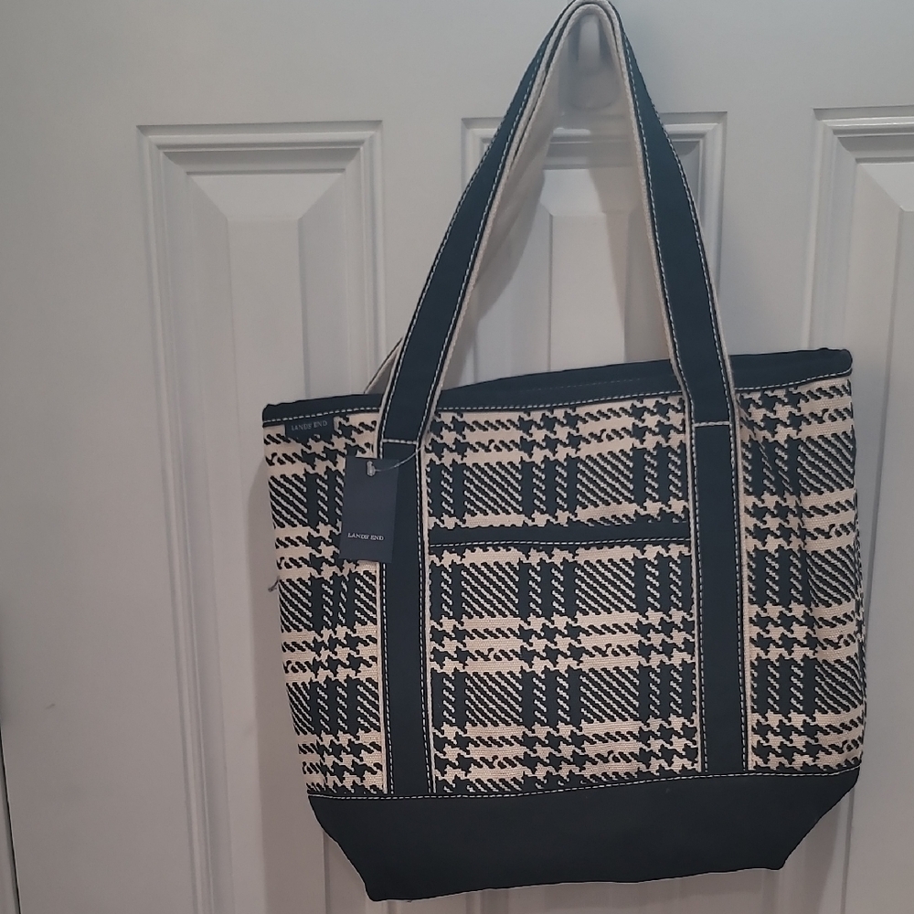 Lands' End Black and Cream Checkered Tote